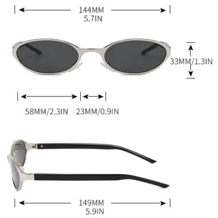 Sunglasses with dimensions and specifications displayed on a white background