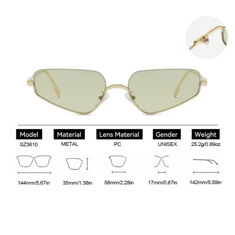 Gold-framed sunglasses with specifications on a white background