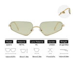 Gold-framed sunglasses with specifications on a white background