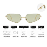 Gold-framed sunglasses with specifications on a white background