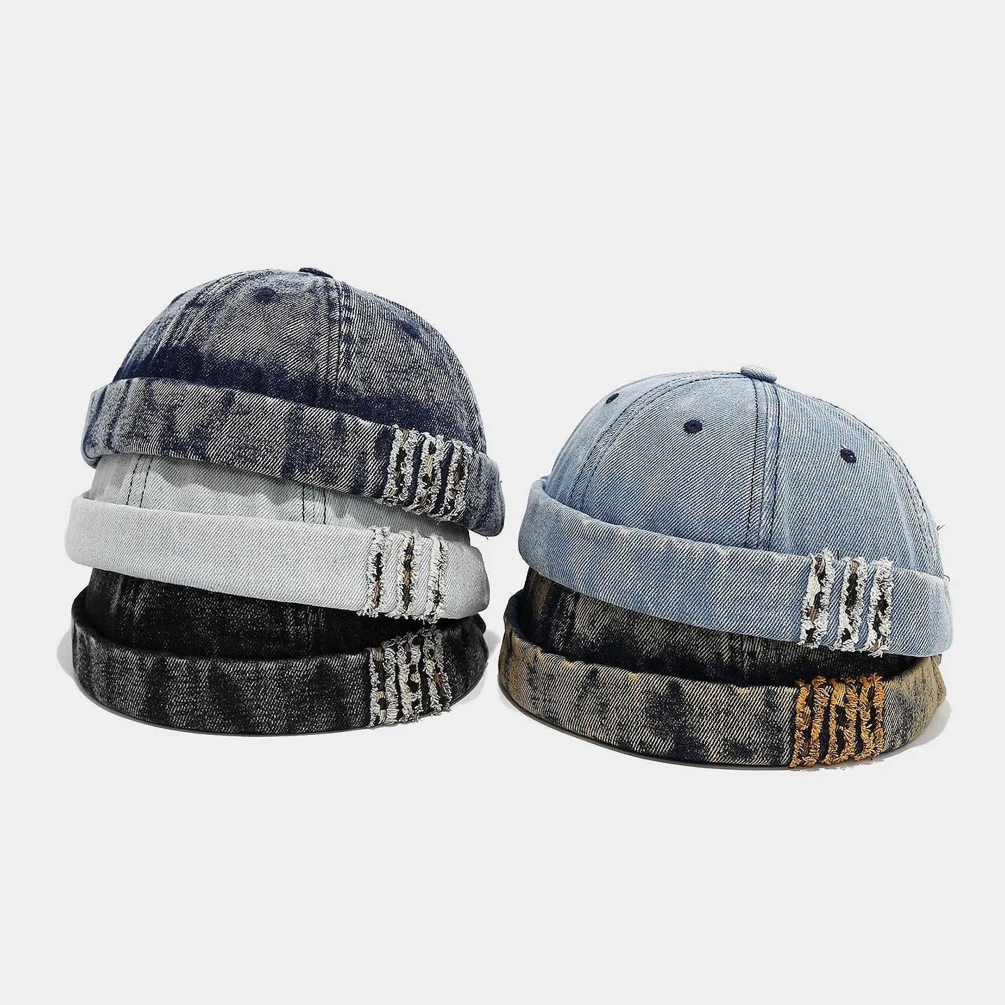 Distressed denim docker cap, front view