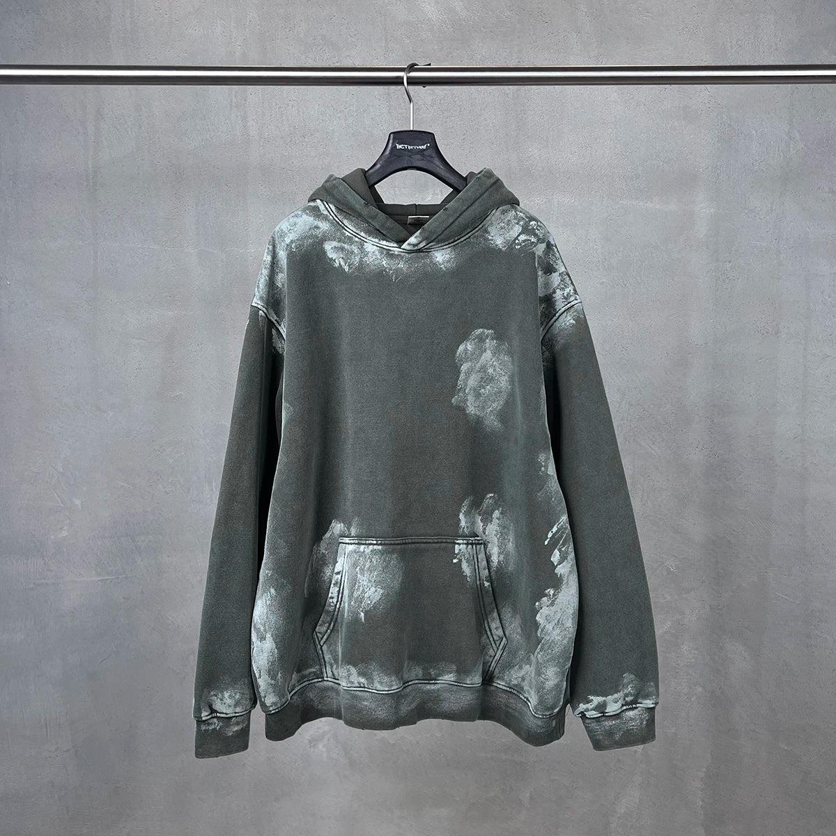 Distressed graffiti baggy hoodie, side view
