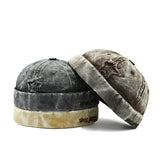 Distressed star brimless hat, angled view
