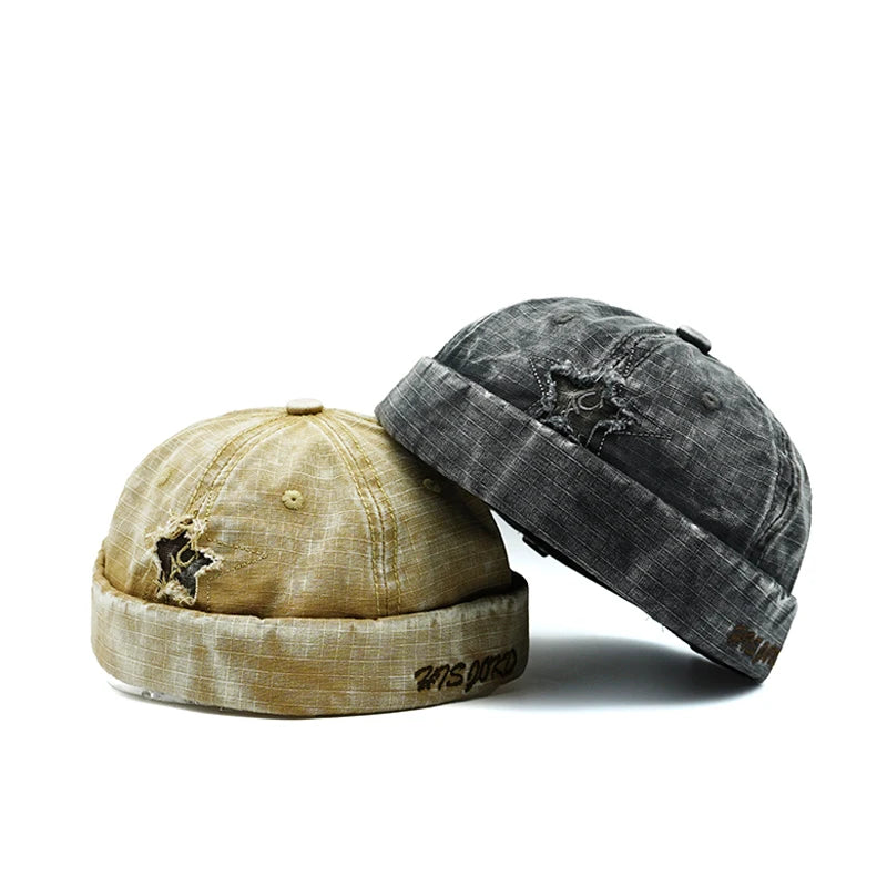 Distressed star brimless hat, side view