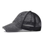 Distressed vintage wash trucker hat, back mesh panel view