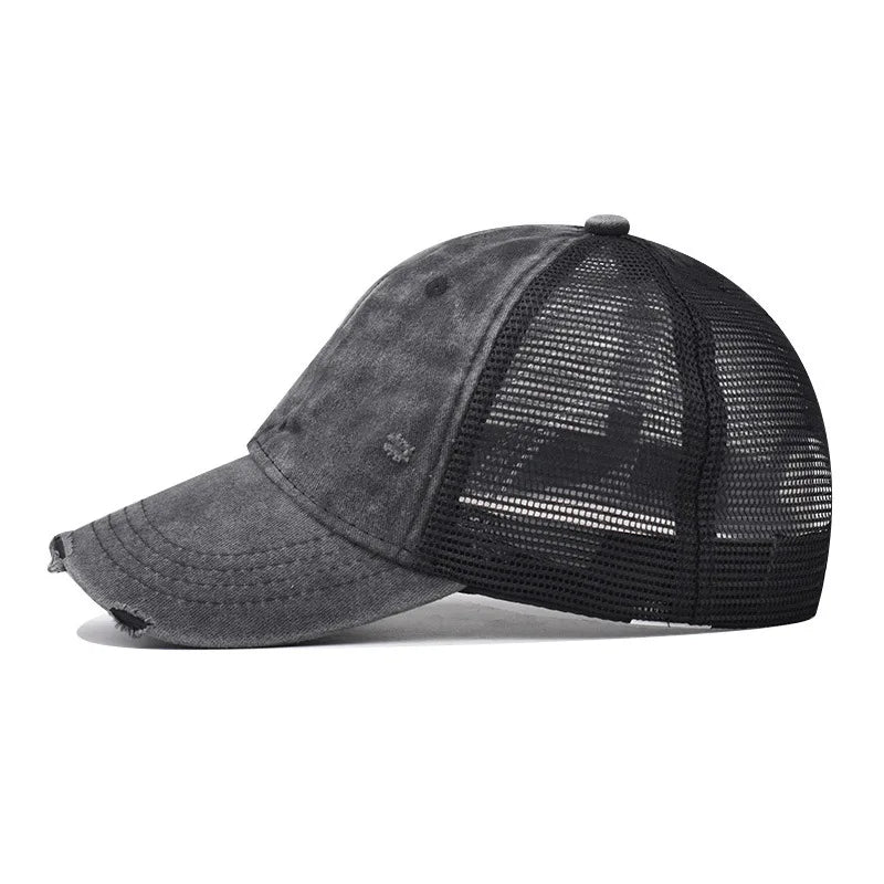 Distressed vintage wash trucker hat, back mesh panel view