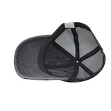 Distressed vintage wash trucker hat, front panel detail