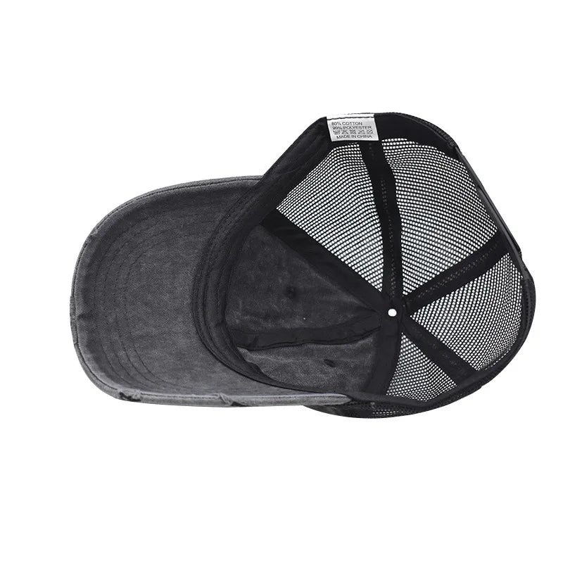 Distressed vintage wash trucker hat, front panel detail
