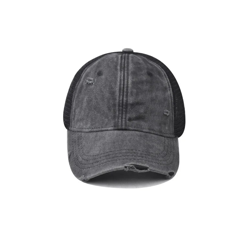 Distressed vintage wash trucker hat, side view