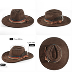 Distressed wide-brim cowboy hat, angled three-quarter view