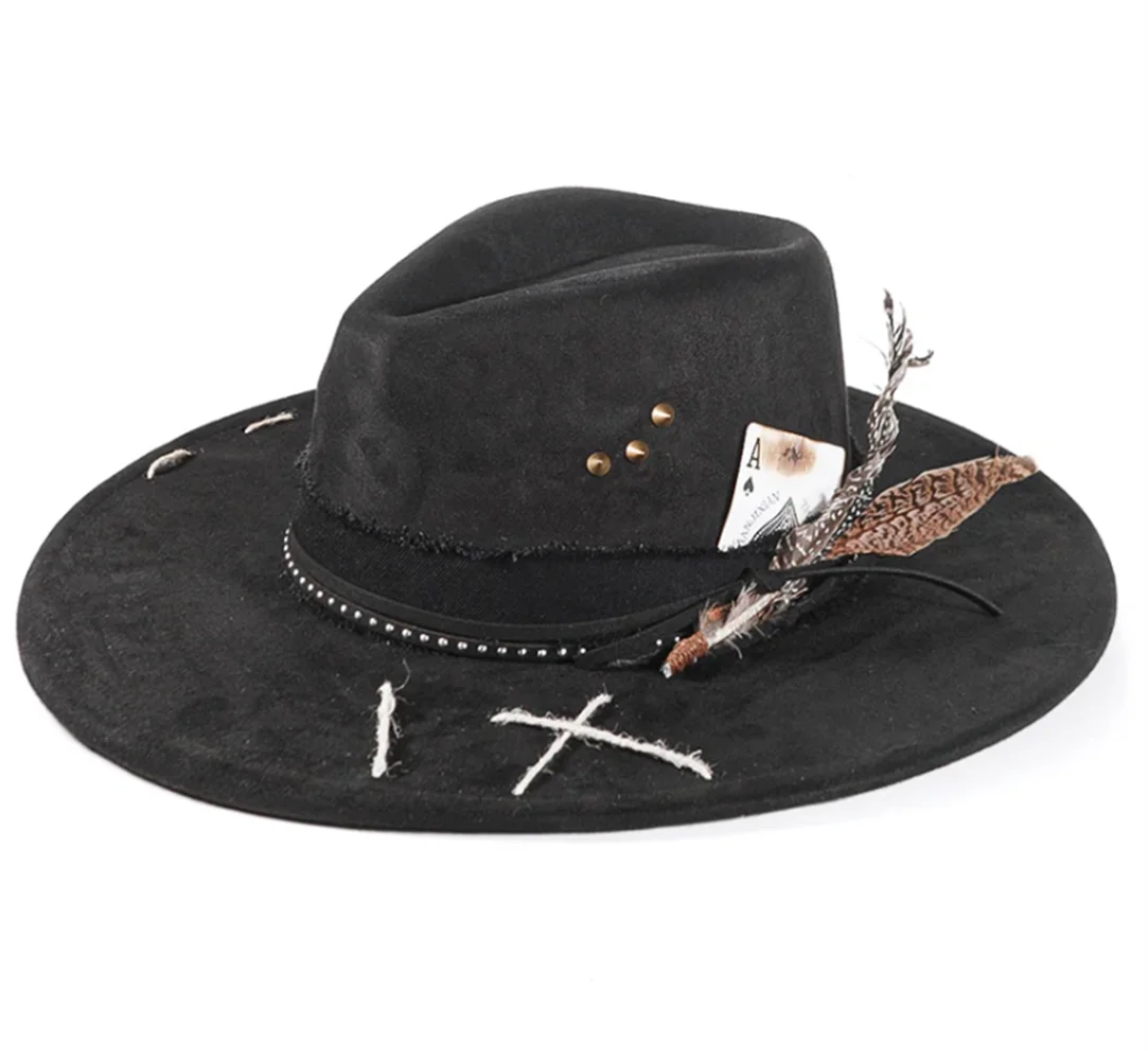 Distressed wide-brim cowboy hat, front view, structured crown and worn-in finish