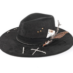 Distressed wide-brim cowboy hat, front view, structured crown and worn-in finish