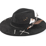 Distressed wide-brim cowboy hat, front view, structured crown and worn-in finish