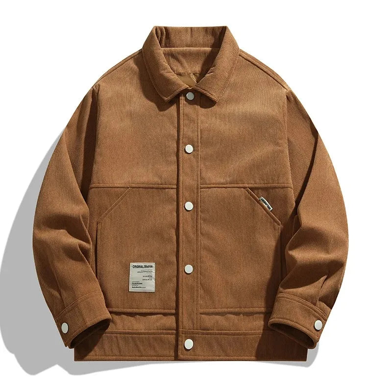 Brown jacket with button details on a white background