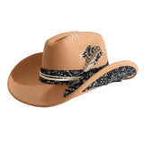 Elegant Brown Distressed wide-brim cowboy hat worn, side view on model