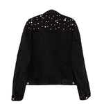 Turn-down collar detail on women's embellished spliced denim-look jacket