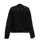 Turn-down collar detail on women's embellished spliced denim-look jacket