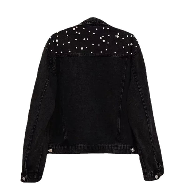 Turn-down collar detail on women's embellished spliced denim-look jacket