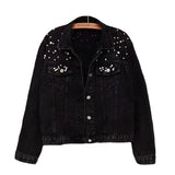 Close-up of spliced embellishment panel detail on women's denim-look jacket