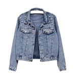 Women's embellished spliced denim-look jacket, front view
