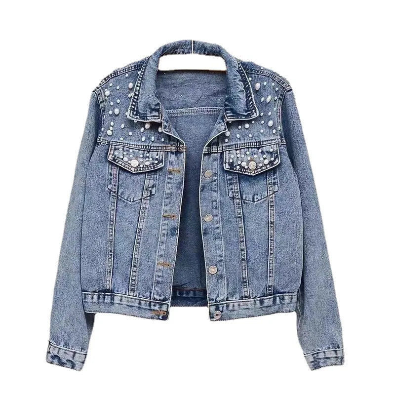 Women's embellished spliced denim-look jacket, front view