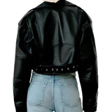 PU Leather Biker Jacket with Belt - Black Moto Coat