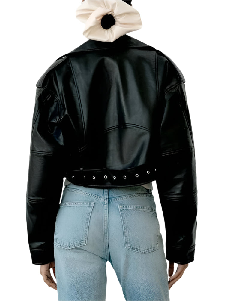 PU Leather Biker Jacket with Belt - Black Moto Coat