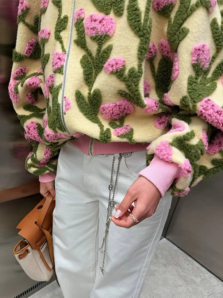 3D floral embroidered oversized bomber jacket — back view