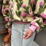 3D floral embroidered oversized bomber jacket — back view