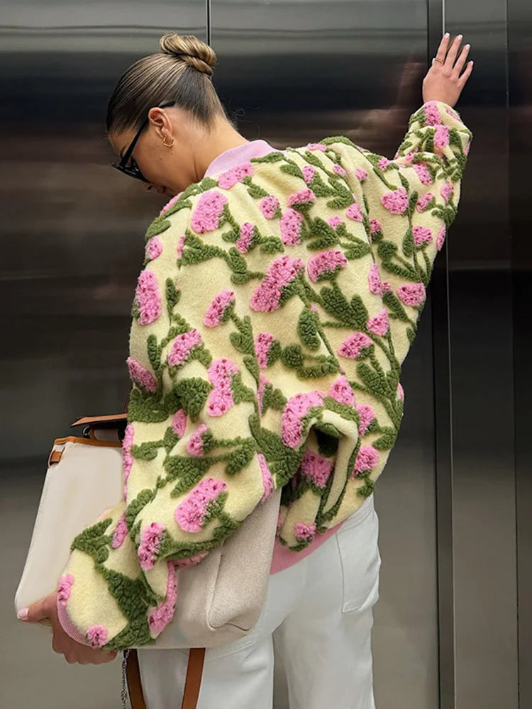 3D floral embroidered oversized bomber jacket — front view