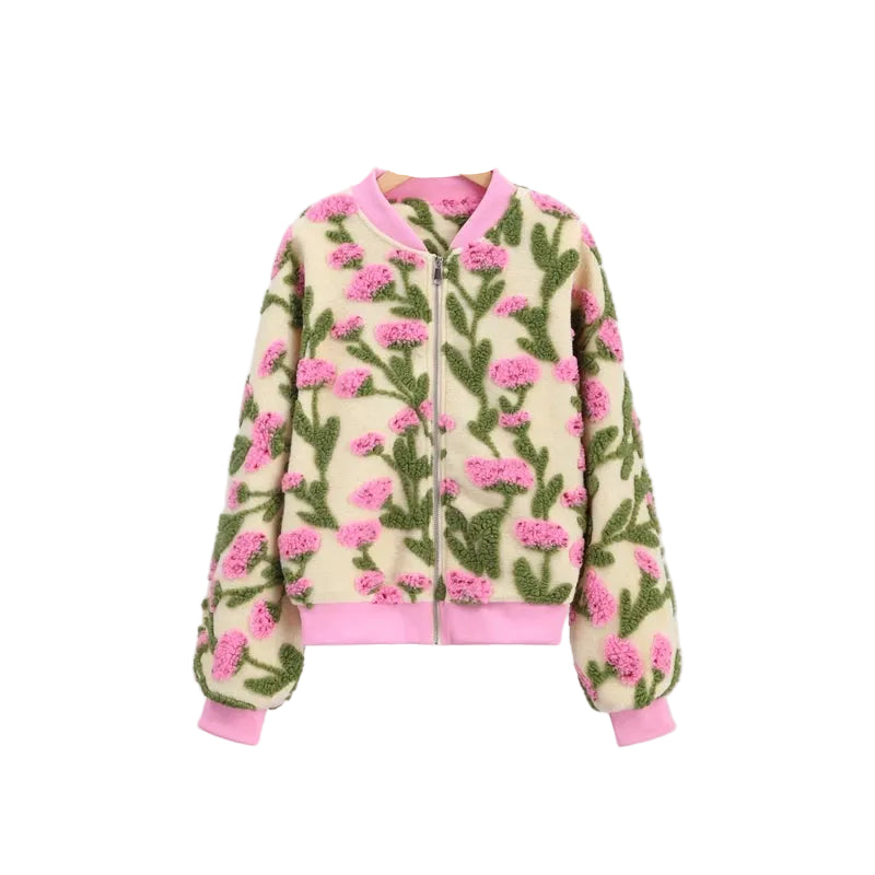 Women's floral bomber jacket styled — look 3