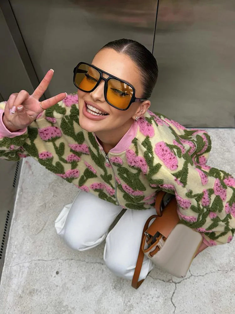 Oversized floral bomber jacket worn — front angle