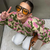 Oversized floral bomber jacket worn — front angle