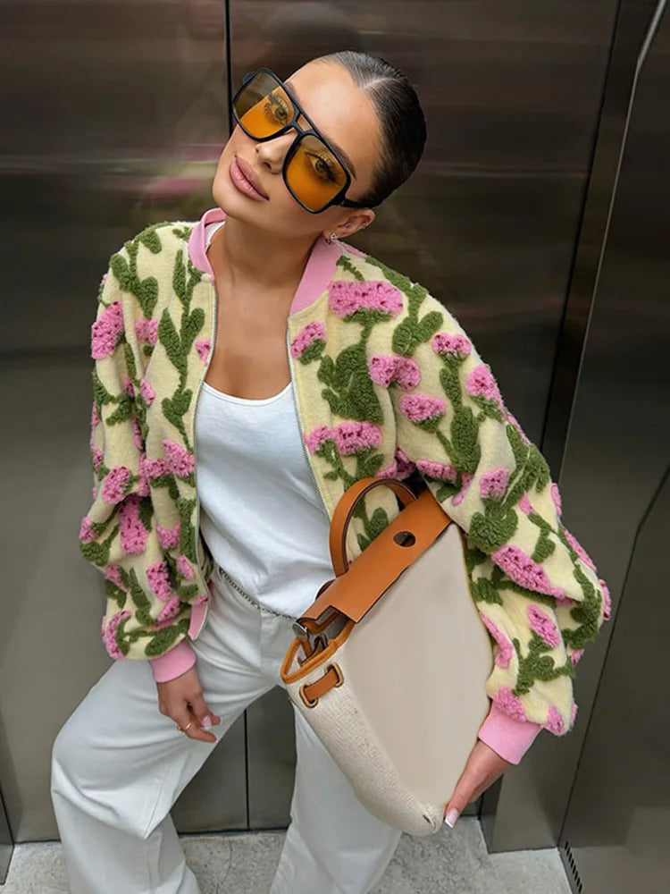 Oversized floral bomber jacket worn — side angle