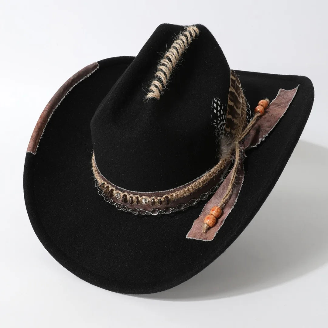 Funky Black Distressed wide-brim cowboy hat worn, three-quarter view on model