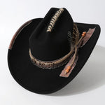 Funky Black Distressed wide-brim cowboy hat worn, three-quarter view on model