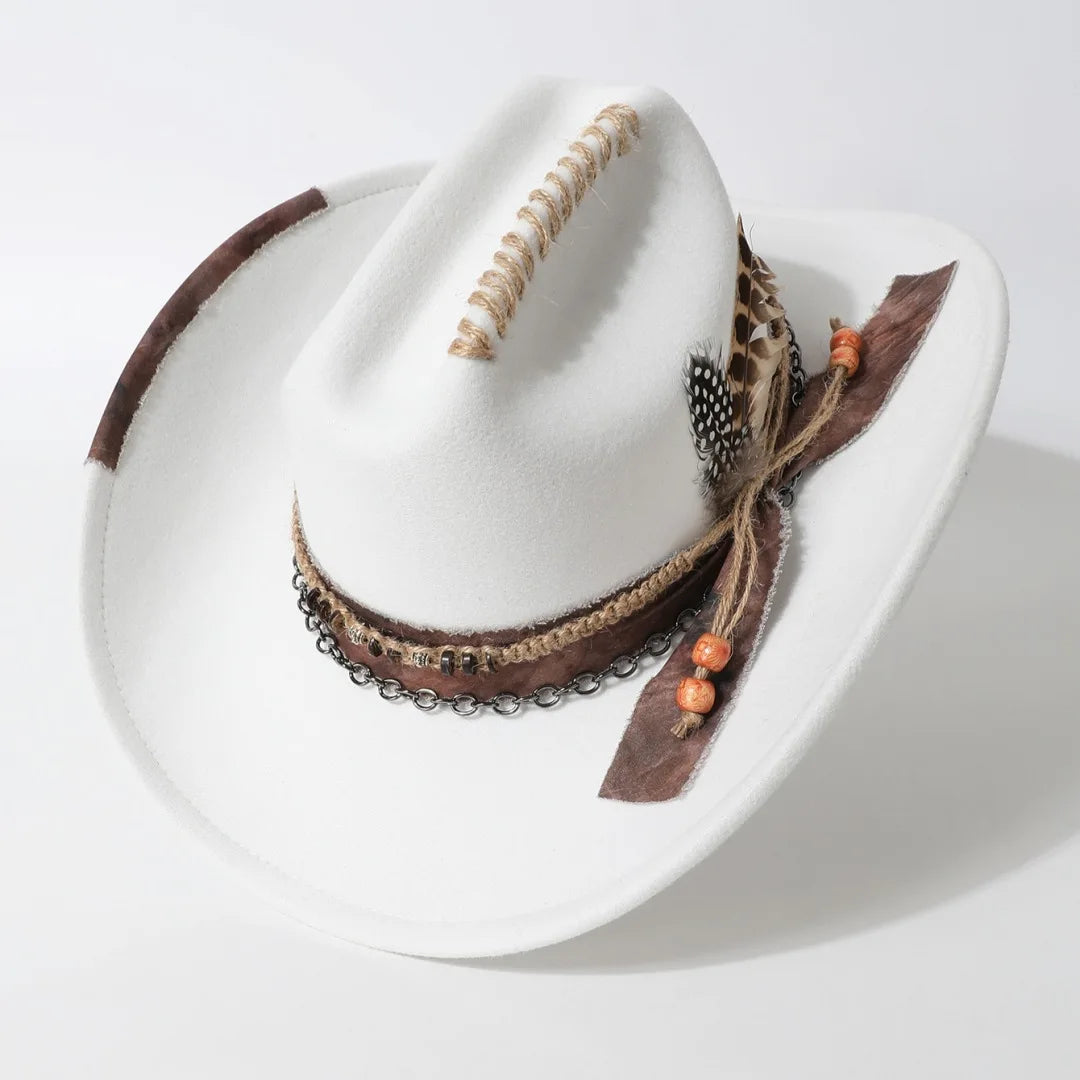 Funky White Top-down view of structured crown on distressed wide-brim cowboy hat
