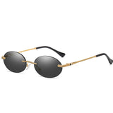 Gold Black Rimless oval sunglasses on model, lifestyle