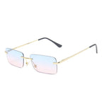 Gold Bluepink Rimless rectangle sunglasses variant worn, front view
