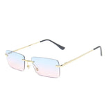 Gold Bluepink Rimless rectangle sunglasses variant worn, front view