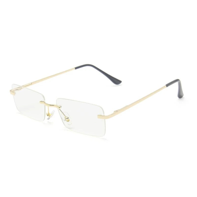 Gold Clear Rimless rectangle sunglasses, bridge detail
