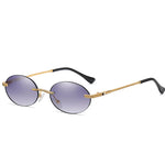 Gold Grey Rimless oval sunglasses on model, close-up