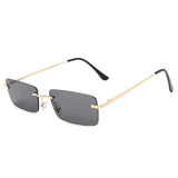 Gold Grey Rimless rectangle sunglasses variant worn, angle view