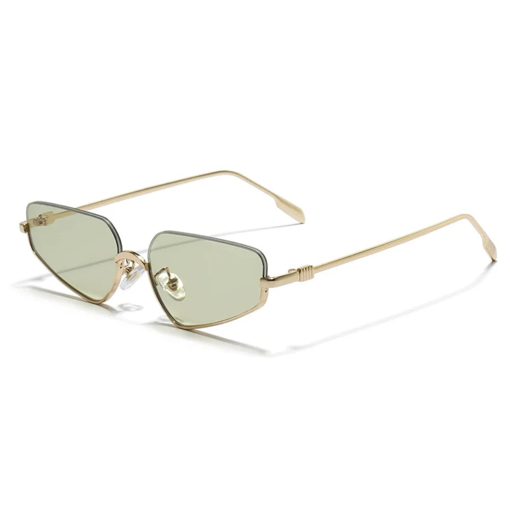 Gold-framed sunglasses with green lenses on a white background
