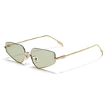 Gold-framed sunglasses with green lenses on a white background