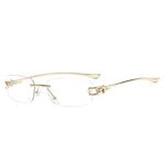 Golden Clear Frameless rimless sunglasses worn on model, angled view