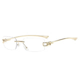 Golden Clear Frameless rimless sunglasses worn on model, angled view