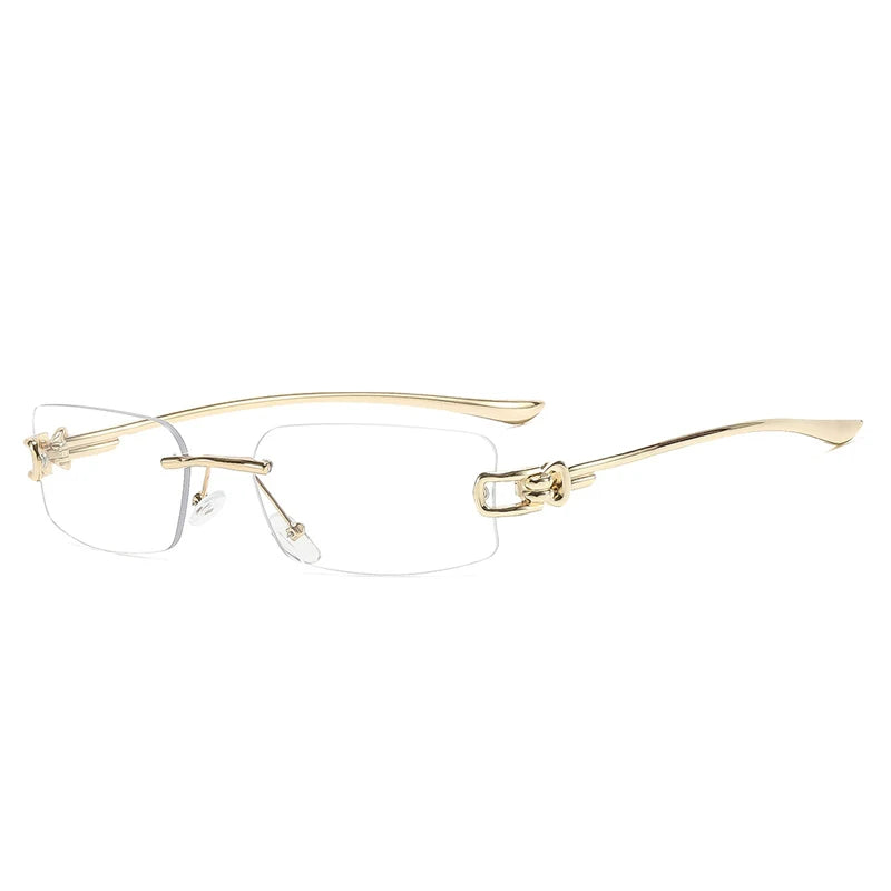 Golden Clear Frameless rimless sunglasses worn on model, angled view