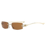 Golden Tea Frameless rimless sunglasses worn on model, close-up