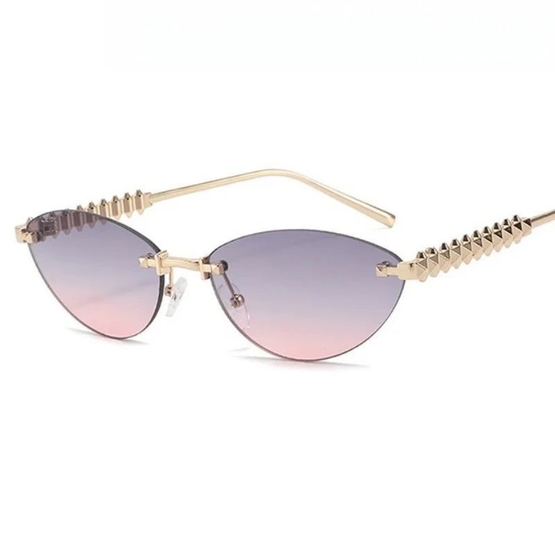 Sunglasses with gold frame and gradient purple lenses on a white background